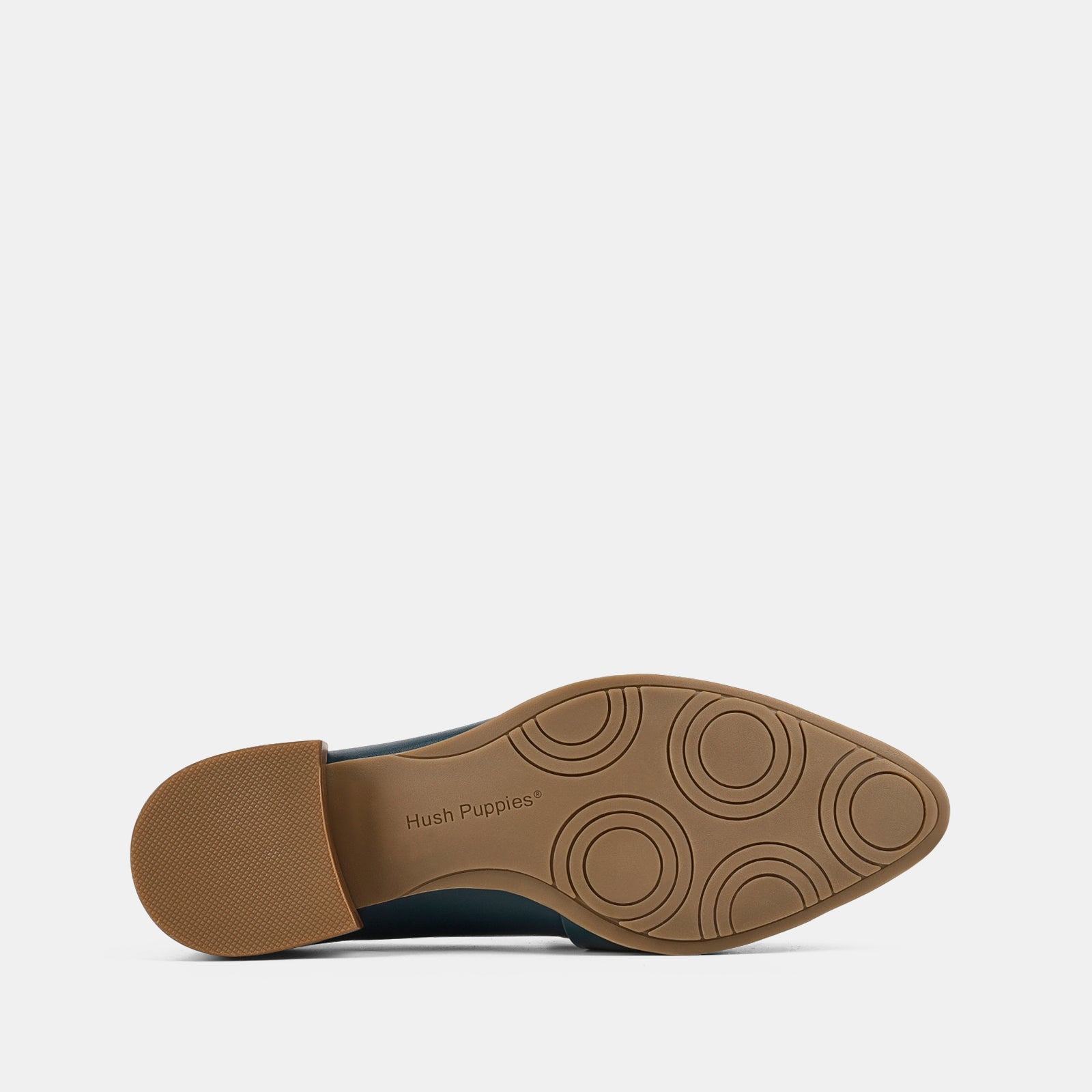 Close-up of a shoe sole with a brand logo on a white background