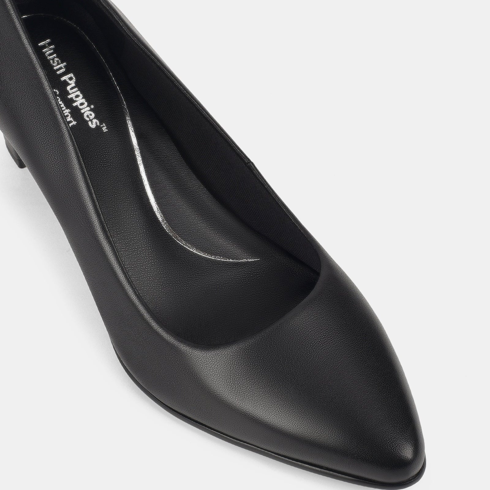 Black high heel shoe on a white background