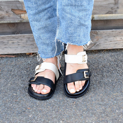 Balance Black Beige by Chrissie| Womens Wide Fitting Slides by outside backdrop