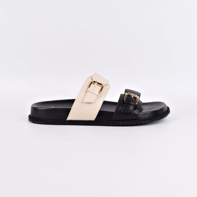 Balance Black Beige by Chrissie| Womens Wide Fitting Slides by white back drop adjustable straps