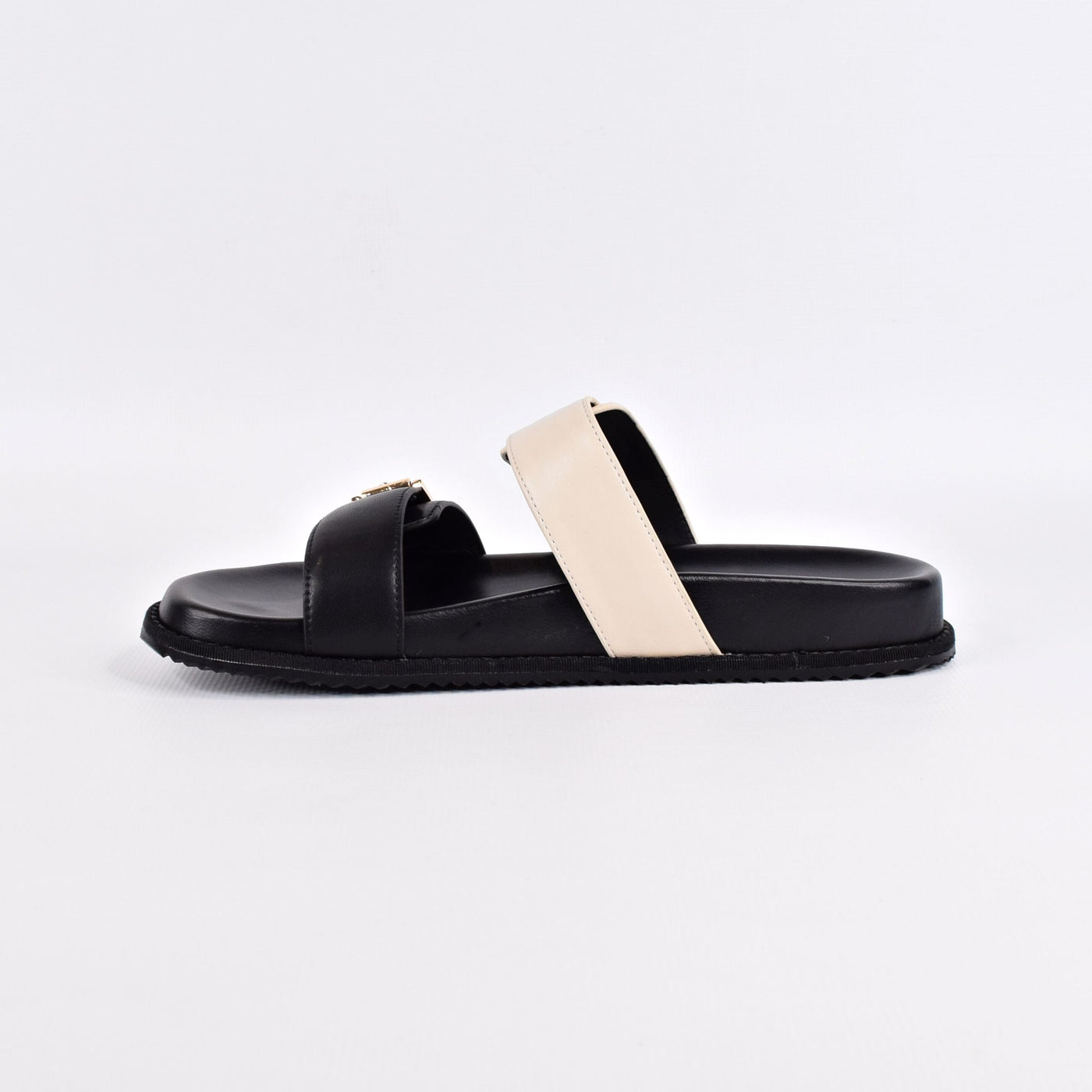 Balance Black Beige by Chrissie| Womens Wide Fitting Slides by white back drop leather lined