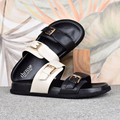 Balance Black Beige by Chrissie| Womens Wide Fitting Slides by leaf back drop 