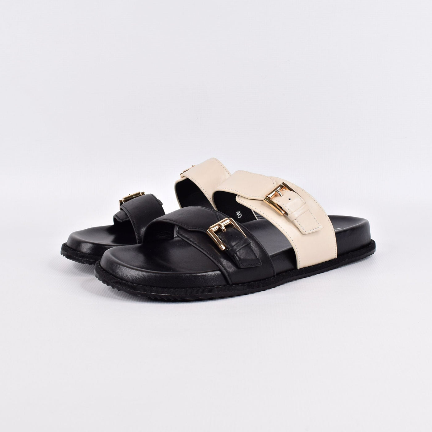 Balance Black Beige by Chrissie| Womens Wide Fitting Slides by white backdrop padded footbed