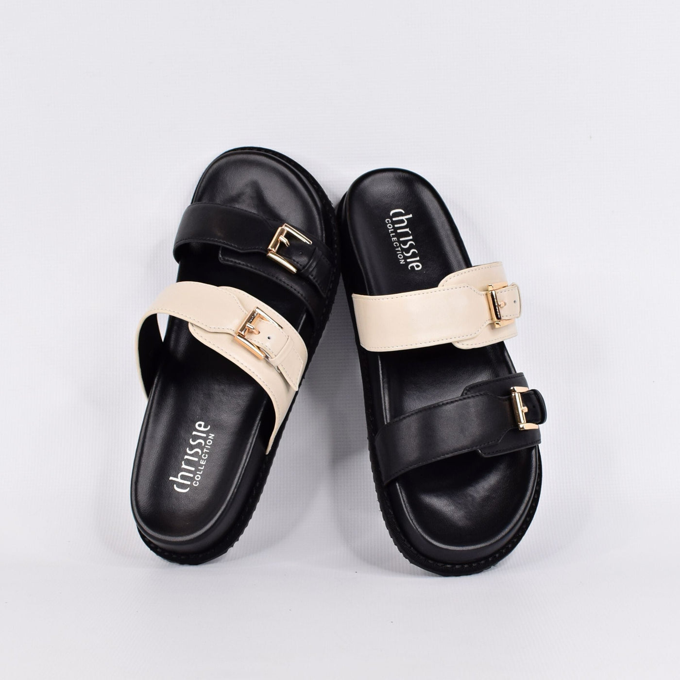 Balance Black Beige by Chrissie| Womens Wide Fitting Slides by white backdrop 2 strap design