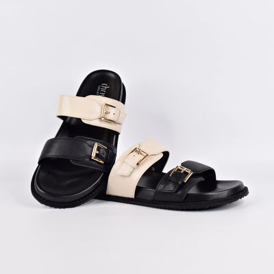 Balance Black Beige by Chrissie| Womens Wide Fitting Slides by white back drop 