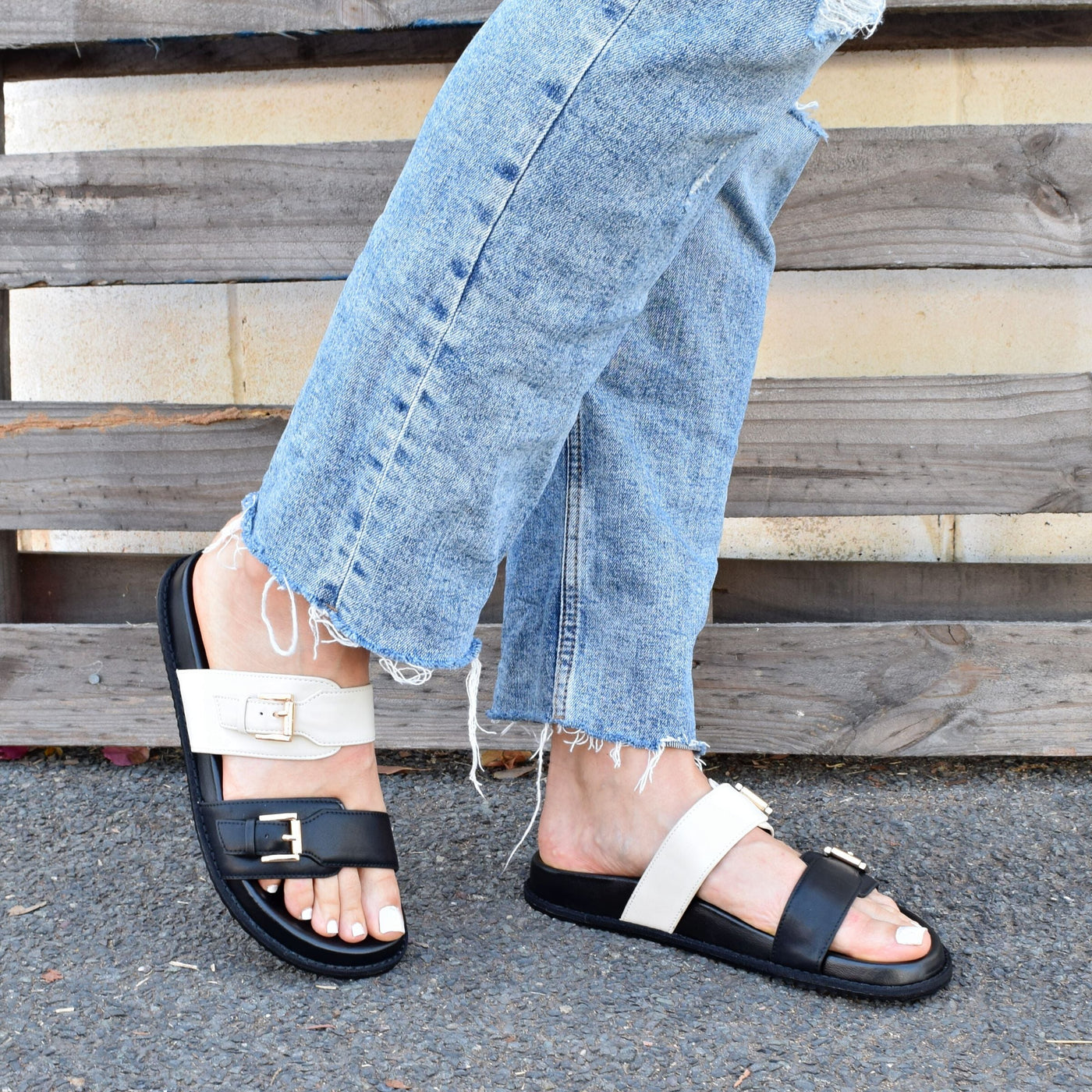 Balance Black Beige by Chrissie| Womens Wide Fitting Slides by outside back drop leather upper