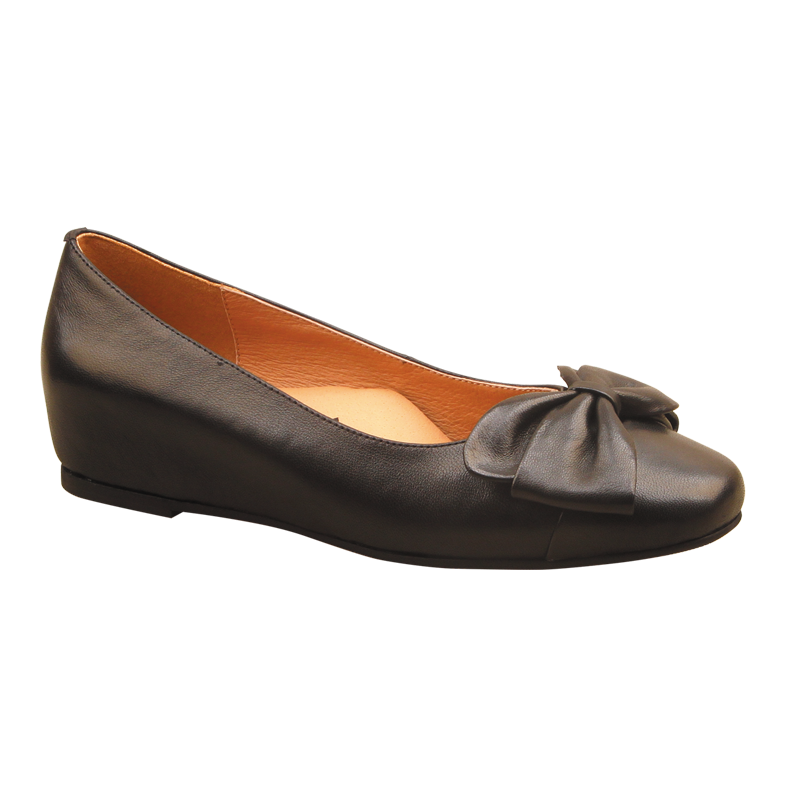 Brown flat shoe with a bow on a white background