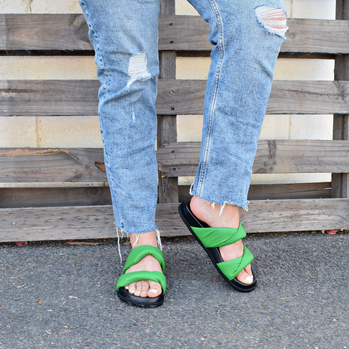 Believe Emerald by Chrissie | Womens Wide Fitting Slides by outside back drop