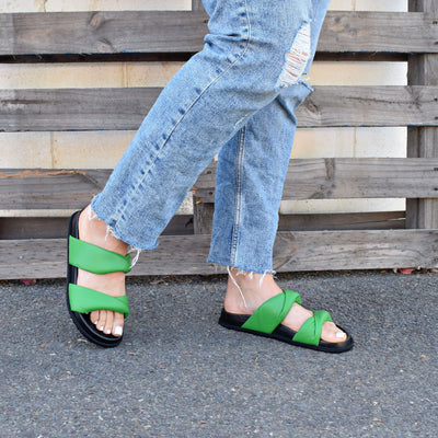 Believe Emerald by Chrissie | Womens Wide Fitting Slides by outsdie back drop 