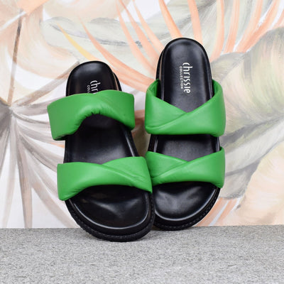 Believe Emerald by Chrissie | Womens Wide Fitting Slides by floral back drop