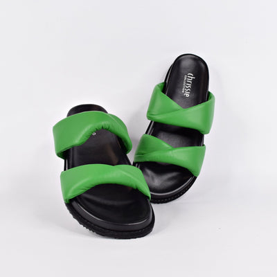 Believe Emerald by Chrissie | Womens Wide Fitting Slides by white back drop twist detail