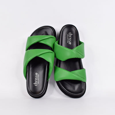 Believe Emerald by Chrissie | Womens Wide Fitting Slides by white back drop comfortable slides
