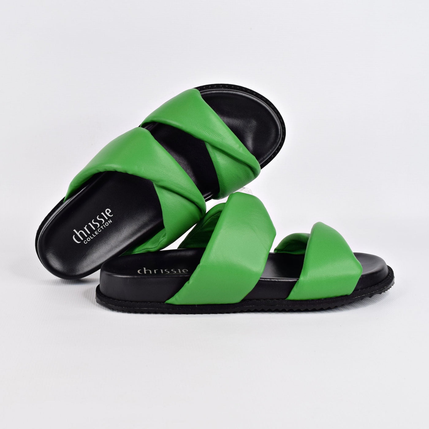 Believe Emerald by Chrissie | Womens Wide Fitting Slides by white back drop cushioned footbed