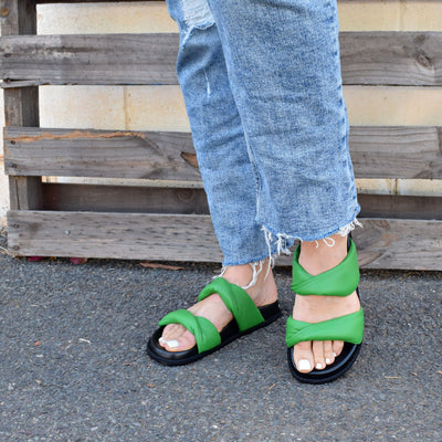 Believe Emerald by Chrissie | Womens Wide Fitting Slides by wooden back drop Leather upper