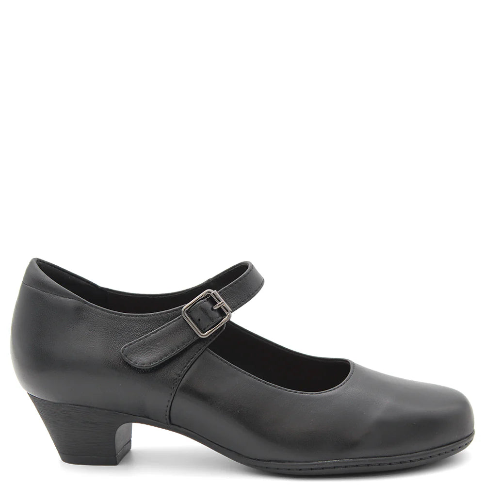 Black leather shoe with a strap on a white background