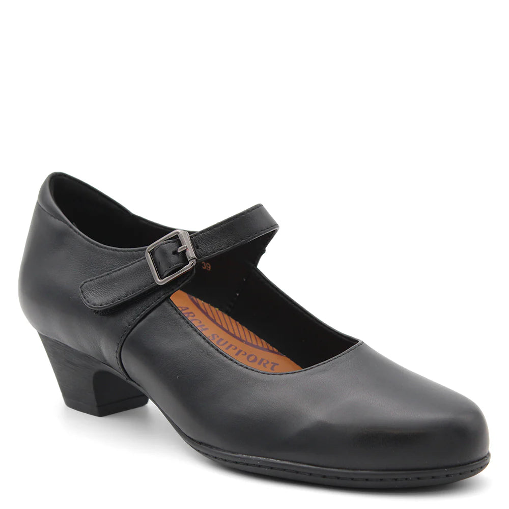 Black shoe with a strap and heel on a white background