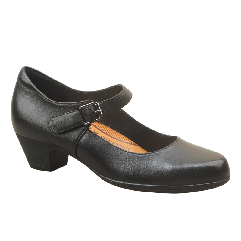 Black leather shoe with a strap on a white background