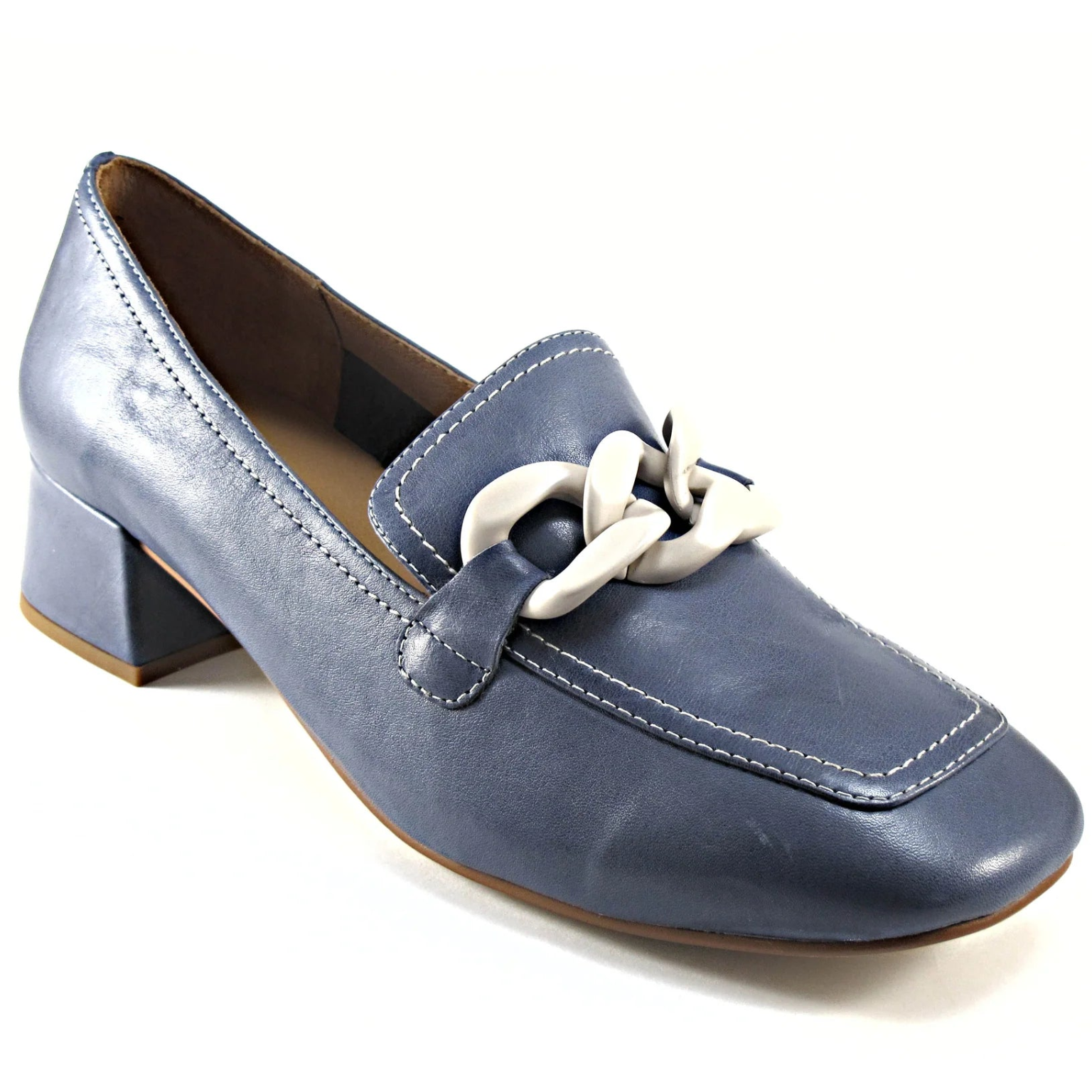 Blue loafer shoe with a decorative chain on a white background