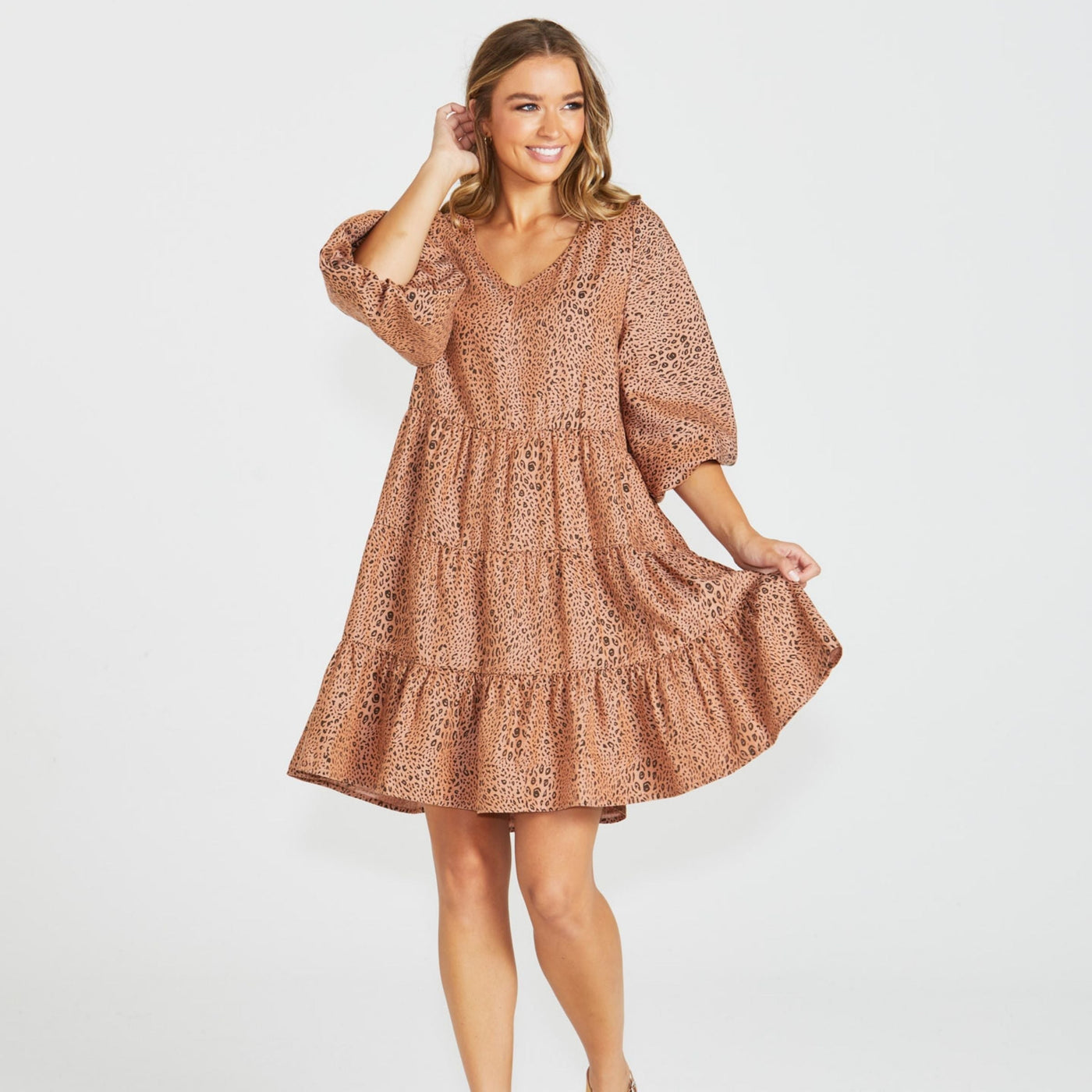 Davie Tiered Dress Sandy Tan Animal