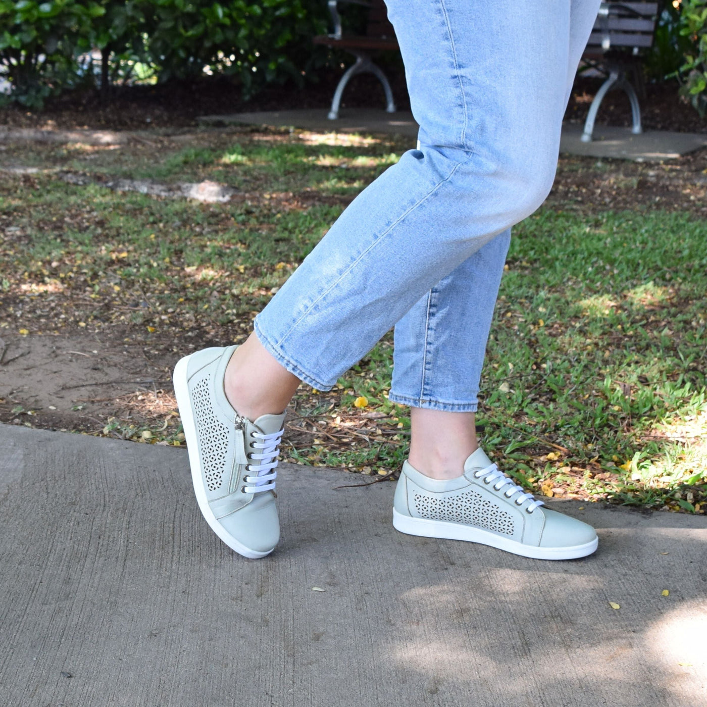 Hamitlon Bamboo By Tesselli | Wide Fit Womens Sneaker on outside backdrop Removable footbed