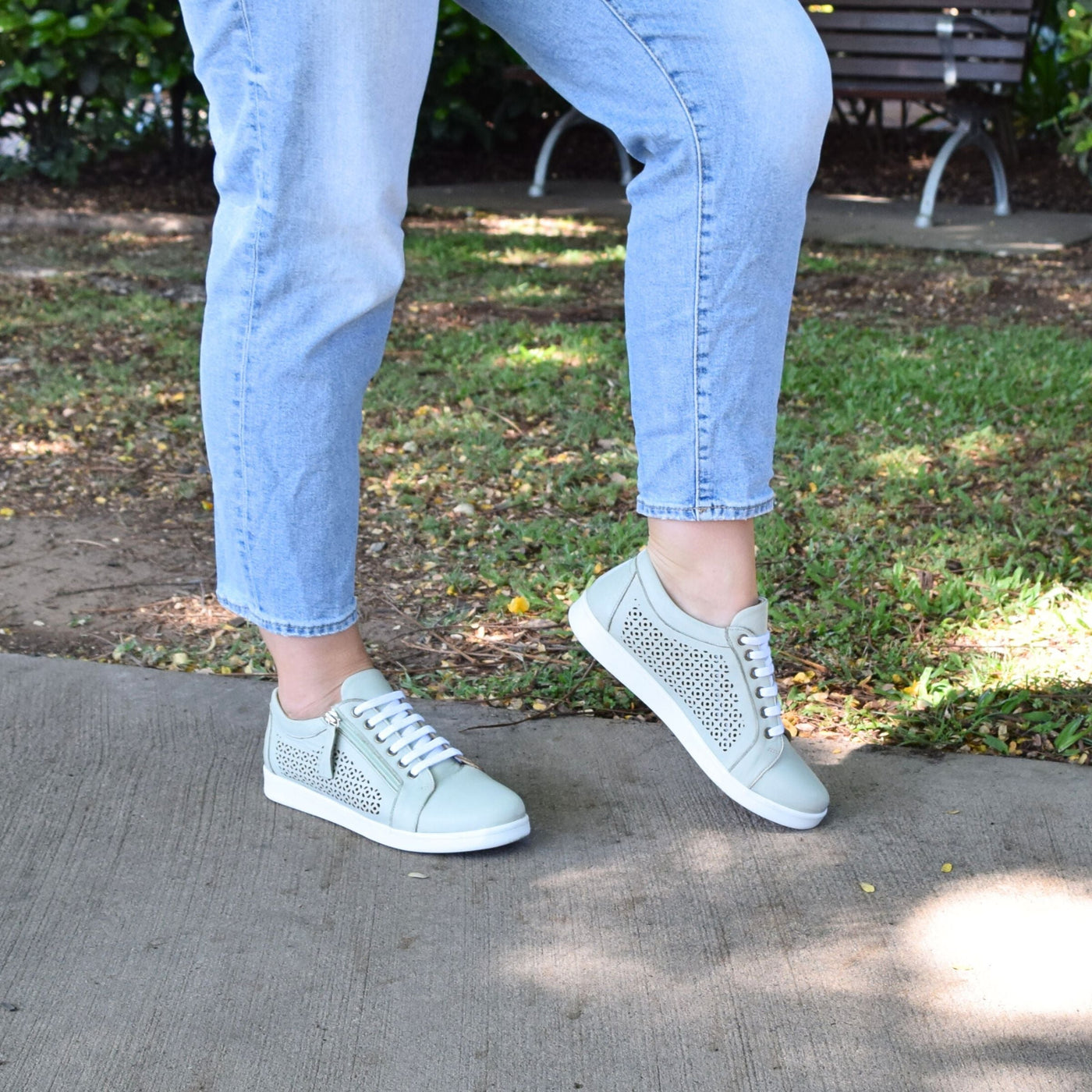 Hamitlon Bamboo By Tesselli | Wide Fit Womens Sneaker Outside backdrop lazer Cut Leather