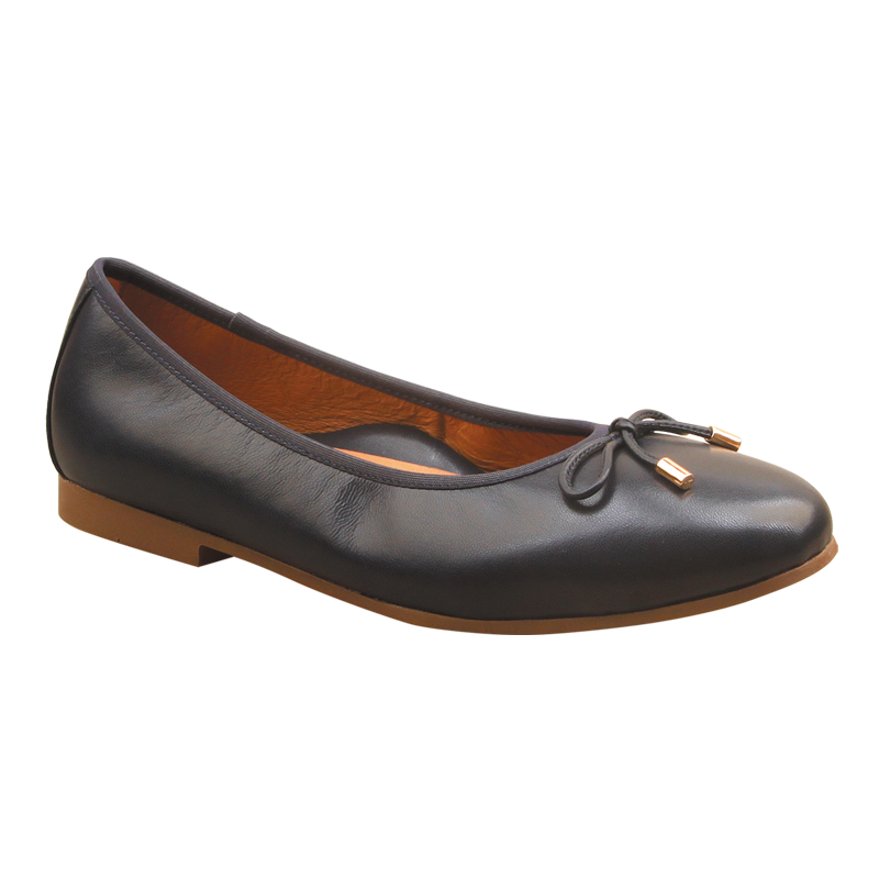 Black leather flat shoe with a brown sole on a white background