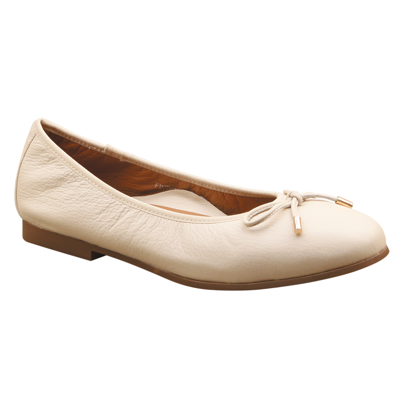 Beige flat shoe with a bow on a white background