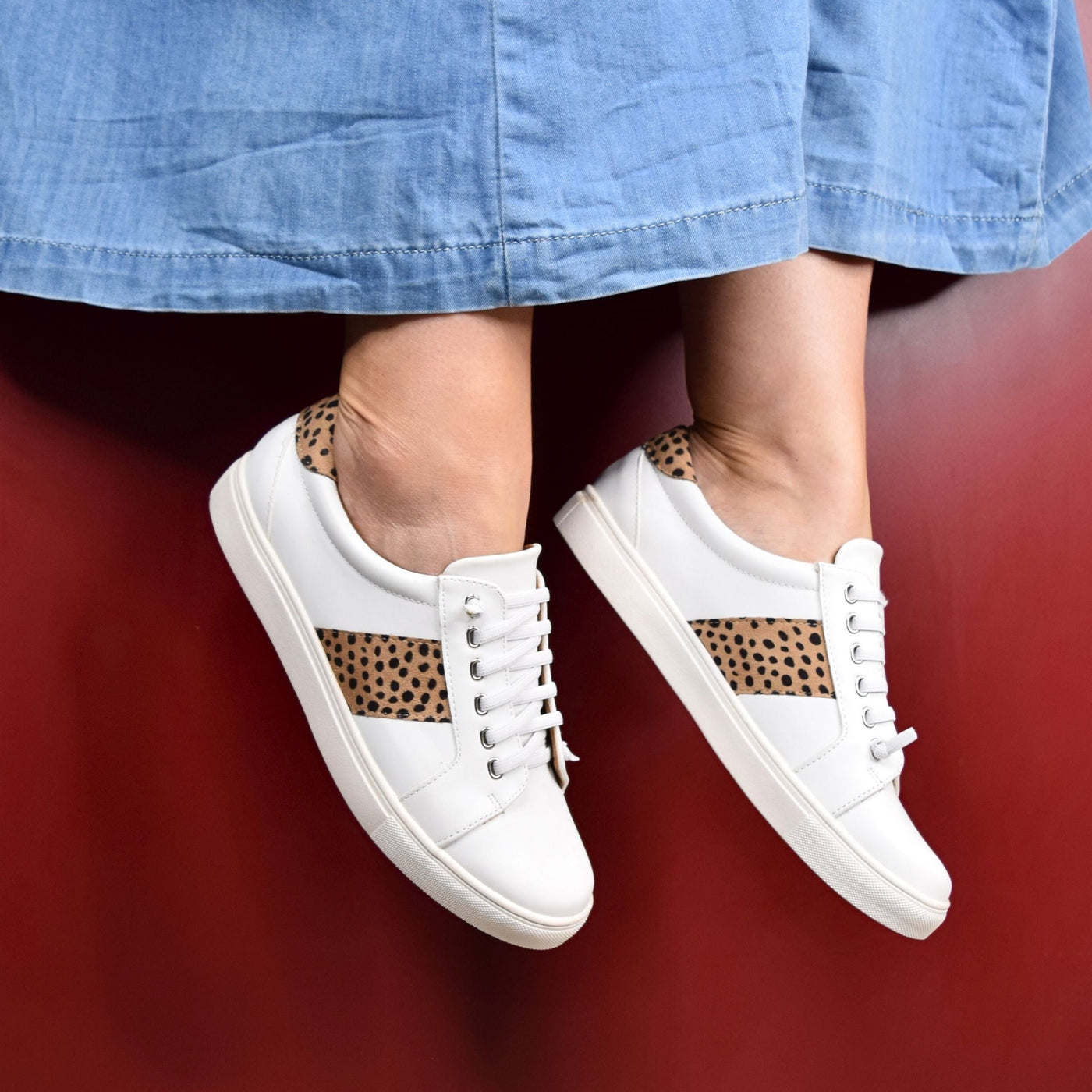 Skale White Leopard by Step on Air | Womens sneakers by  red backdrop elastic laces