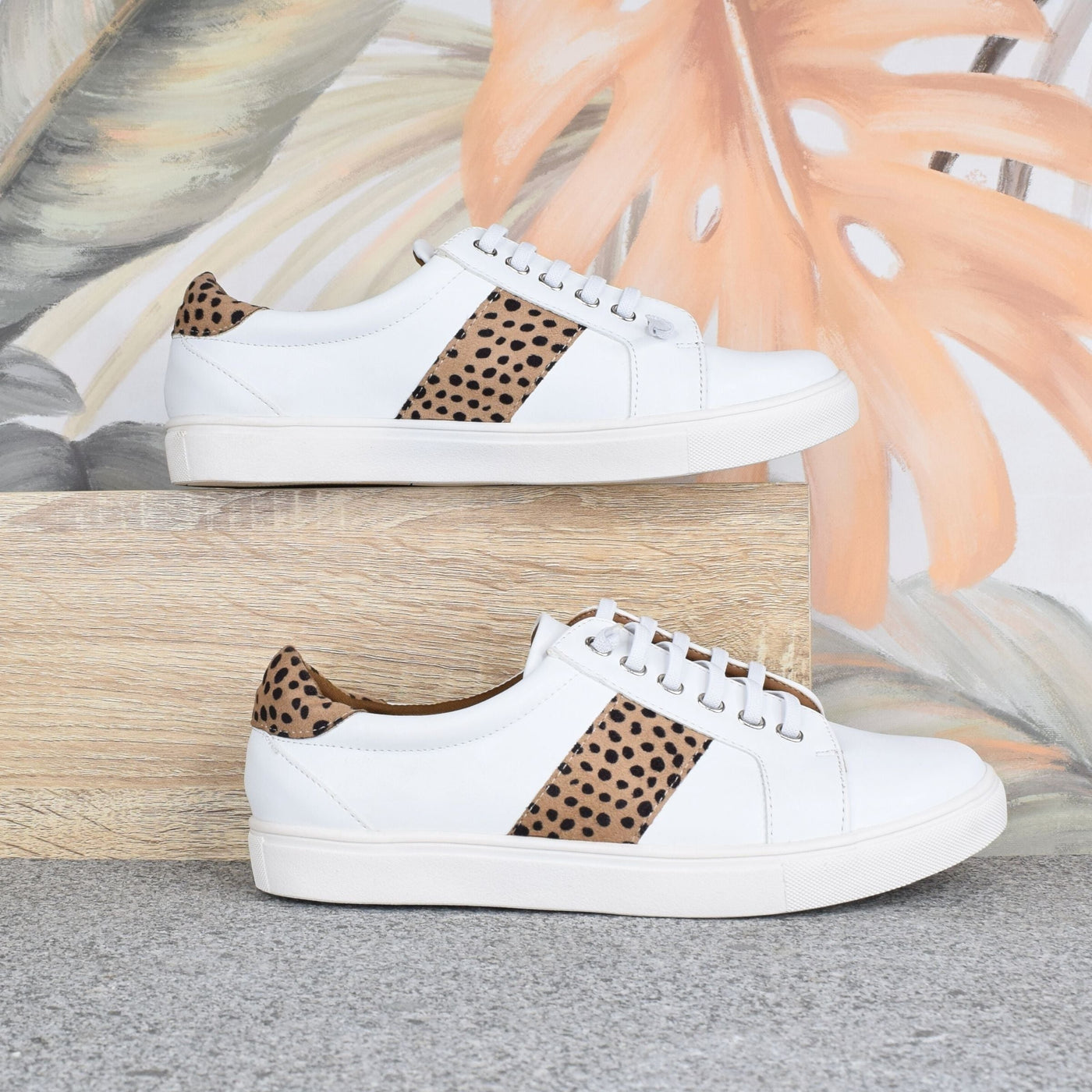 Skale White Leopard by Step on Air | Womens sneakers by leaf backdrop 
