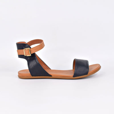 Tangi Navy Tan by Rilassare | Womens plus size sandals by white back drop leather lined footbed