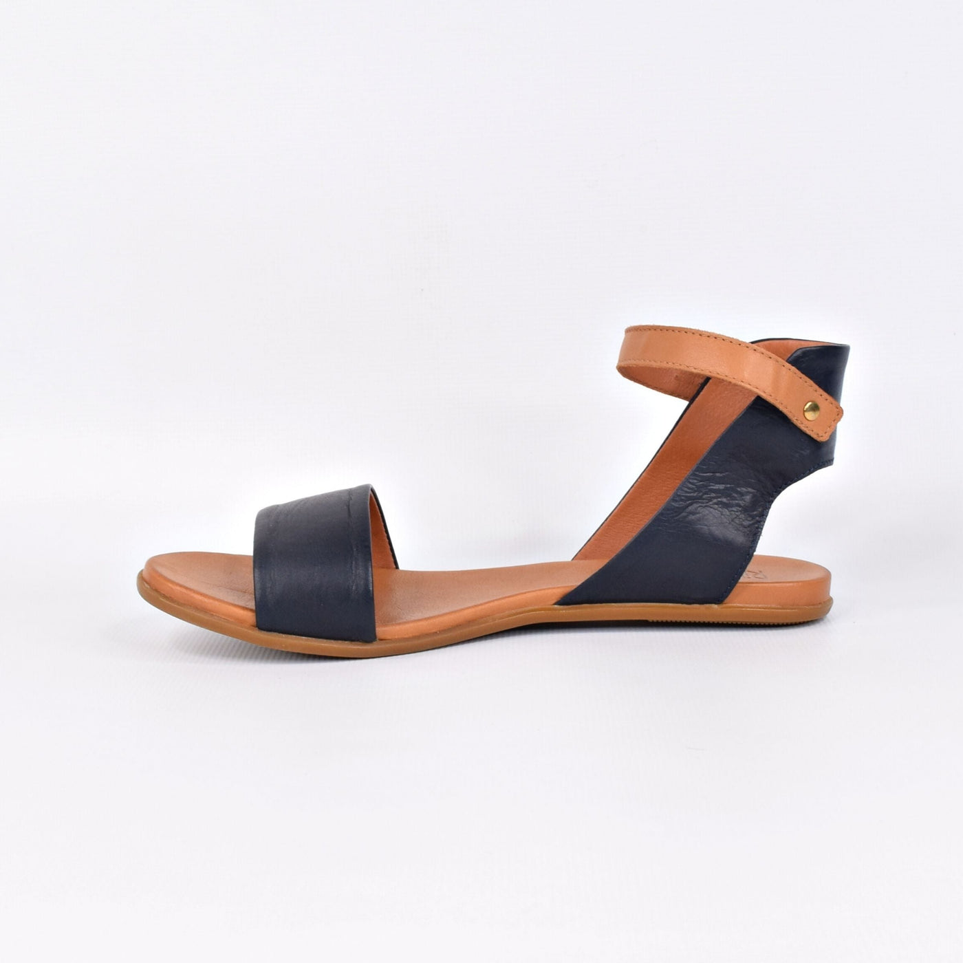 Tangi Navy Tan by Rilassare | Womens plus size sandals by white back drop moulded footbed