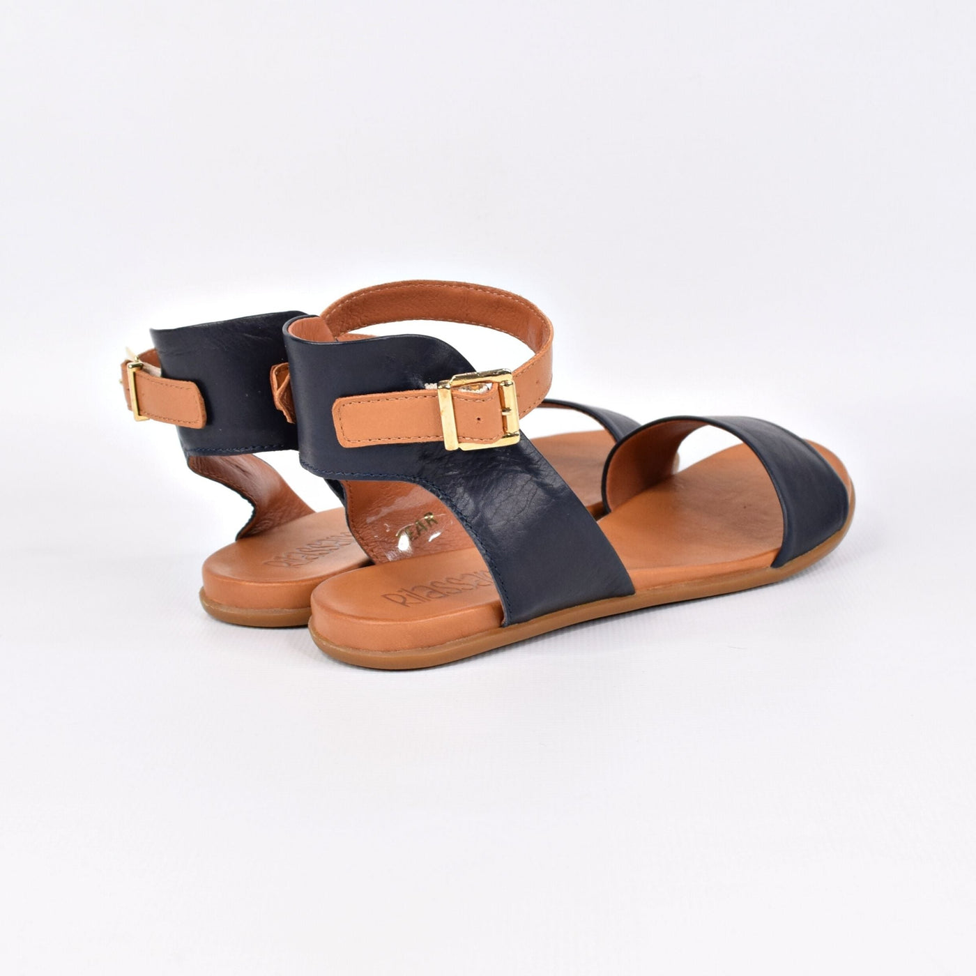 Tangi Navy Tan by Rilassare | Womens plus size sandals by white back drop rubber sole