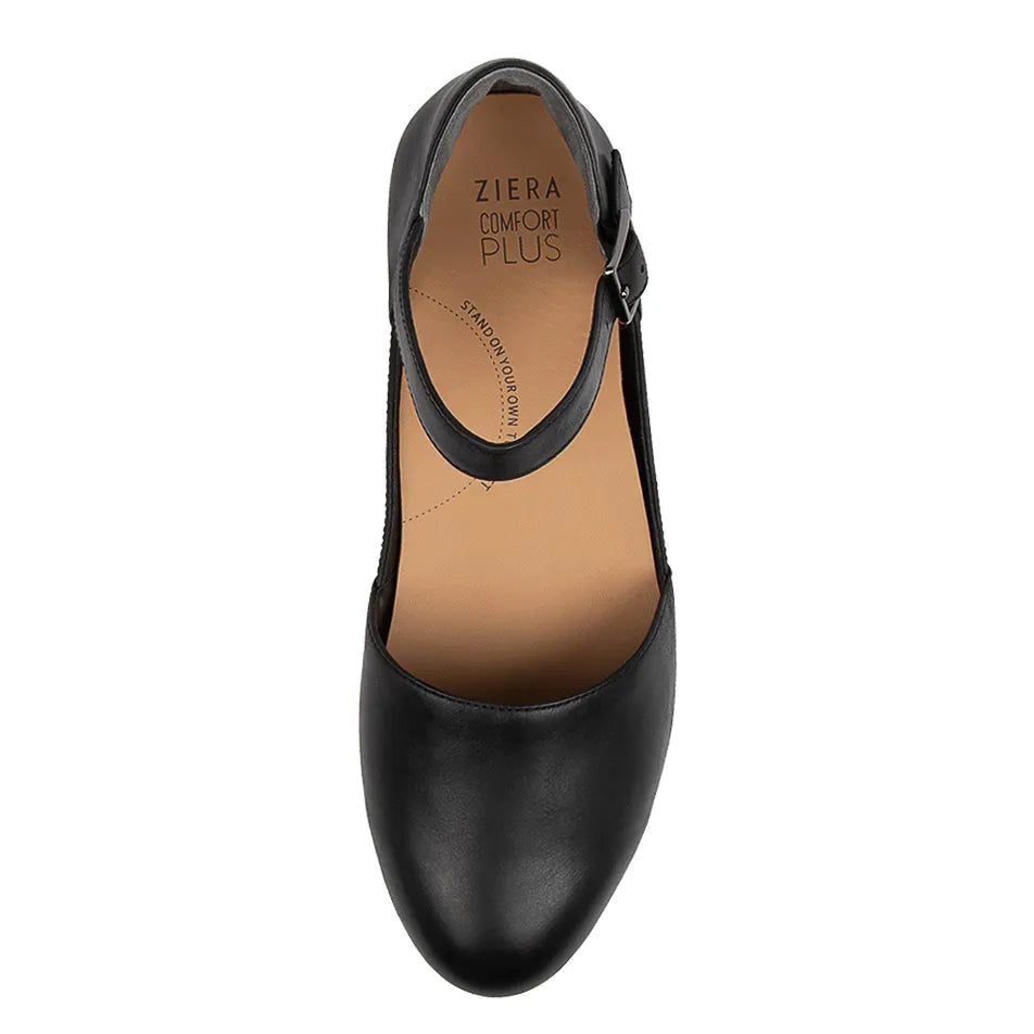 Black shoe with 'Ziera Comfort Plus' branding on a white background