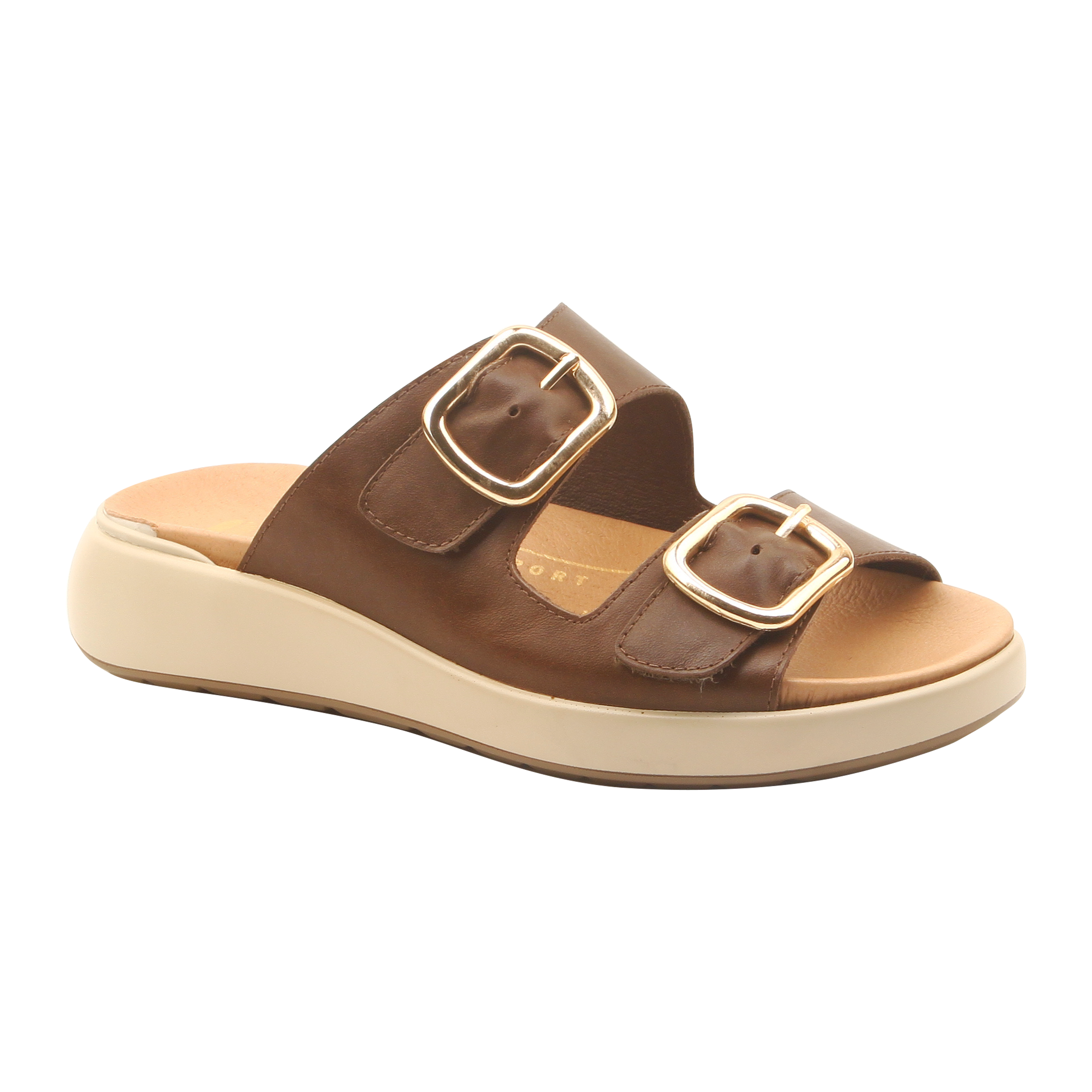 A single women's slide sandal with a brown leather upper featuring two adjustable straps with gold-tone buckles, set on a thick cream-colored platform sole.