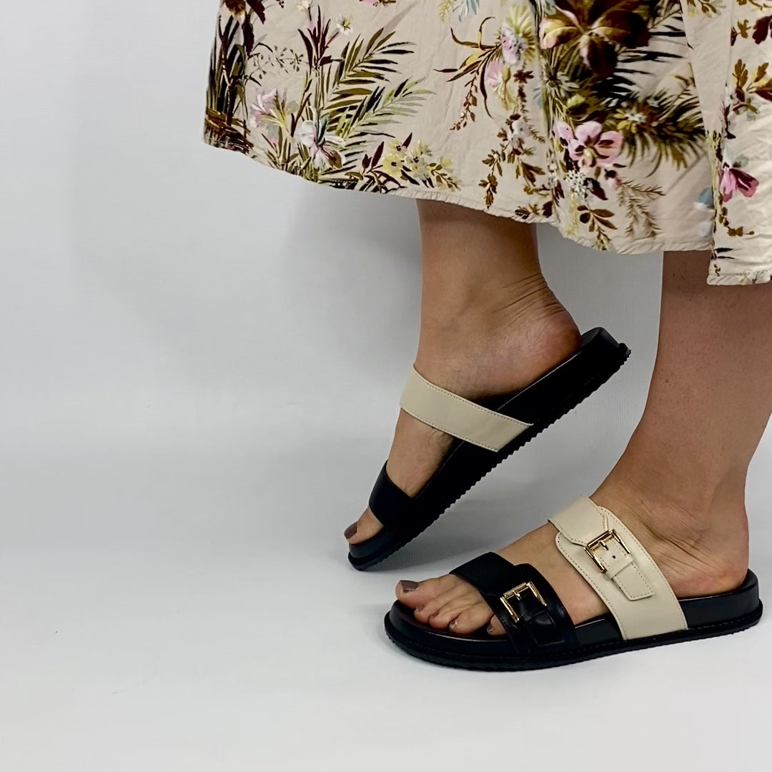 Balance Black Beige by Chrissie| Womens Wide Fitting Slides by white back drop video